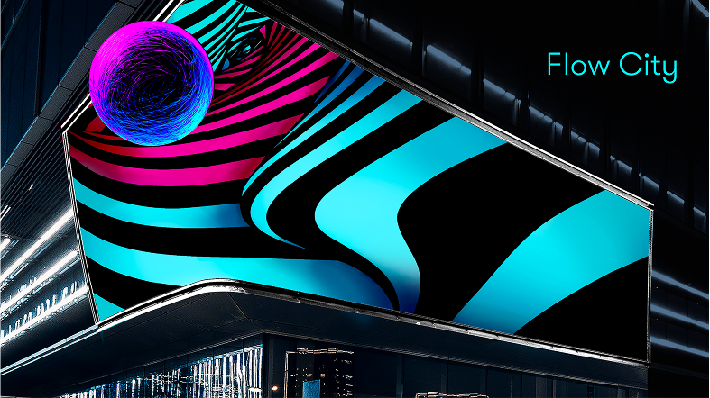 Flow City platform showing futuristic billboard advertising with cyan and magenta colors