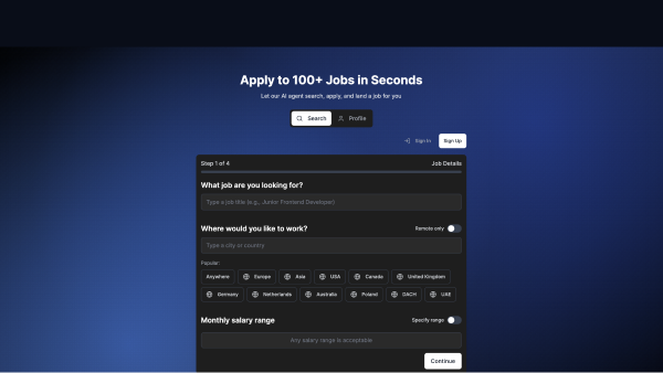 JobFinder22 interface showing AI-powered job application with search and location filters