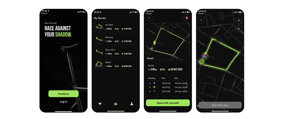 Race Yourself mobile app interface showing onboarding, routes, and racing screens